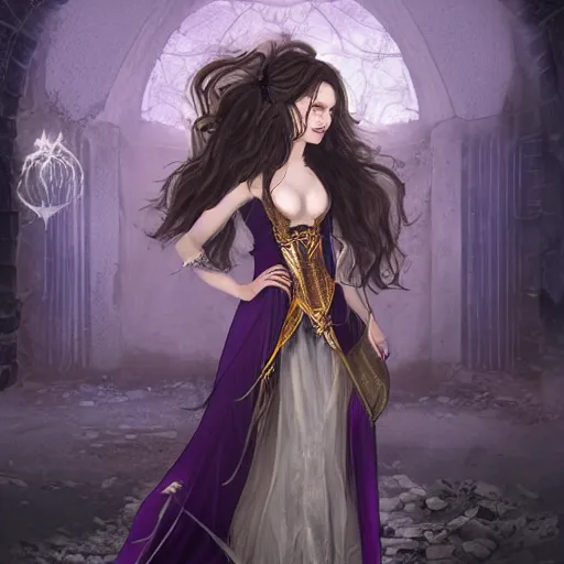 Image similar to Pale Sorceress with long dark hair walking within an abandoned and decayed medieval temple. She wears a purple dress adorned in jewelry flashing gold, trending on artstation, dark fantasy