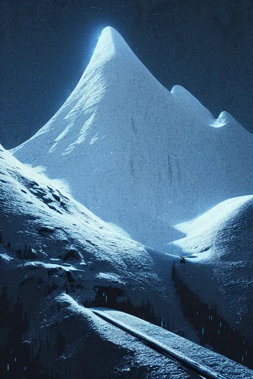 Prompt: a snowy mountain scene by arthur haas and bruce pennington and john schoenherr, cinematic matte painting in the style of glitch art, minimal modern pixel sorting, zaha hadid building, photo realism, neon lights, dark moody color palate,