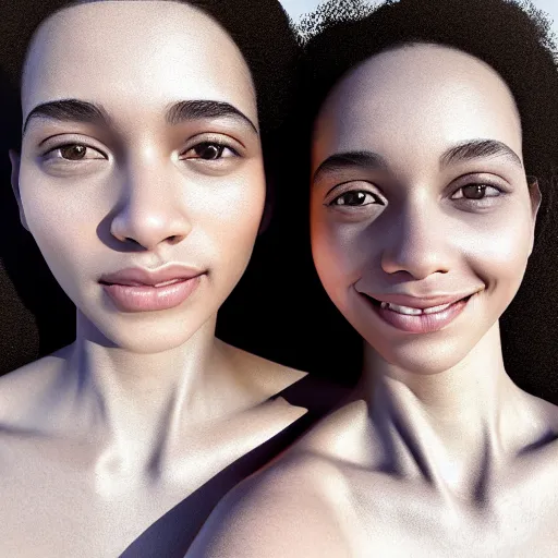 Image similar to beautiful serene intricate portrait of identical twins, one is black and one is white, taking a selfie, smiling softly, relaxing on the beach, golden hour, soft focus, 8 k, art by irakli nadar, hyperrealism, hyperdetailed, ultra realistic