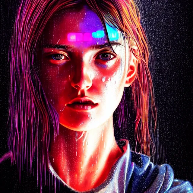 Prompt: bright asthetic portrait LSD glowing backlit rain on face and wet hair, cyberpunk, overhead lighting, fantasy, intricate, elegant, dramatic lighting, highly detailed, lifelike, photorealistic, digital painting, artstation, illustration, concept art, smooth, sharp focus, art by John Collier and Albert Aublet and Krenz Cushart and Artem Demura and Alphonse Mucha