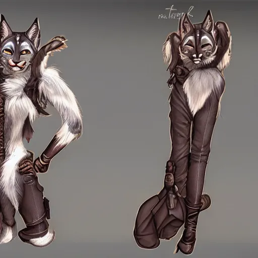 Image similar to full body of anthropomorphic lynx fursona wearing steampunk suit, from behind as a tall woman with lynx head, tail, paws, by tanidareal, irakli nadar, muggur, intricate linework, unreal engine, trending on deviantart, furry art, furaffinity, backlight, white fur, thin legs