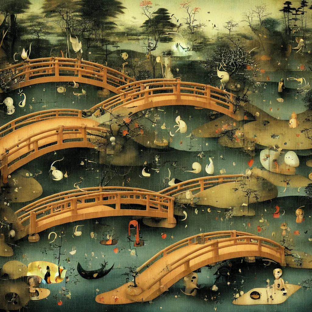 Image similar to Japanese Garden with bridge by Hieronymus Bosch and James Jean, Ross Tran, surreal oil painting, highly detailed, dream like, masterpiece