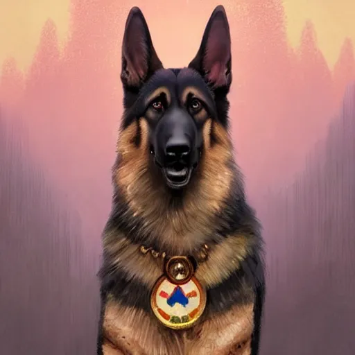 Image similar to german shepherd as supreme leader of north korea, intricate, elegant, highly detailed, digital painting, artstation, concept art, matte, illustration, hearthstone, art by artgerm and greg rutkowski and alphonse mucha, simon stalenhag, hyperreal