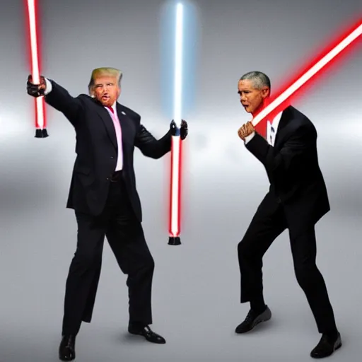 Image similar to photo of putin, trump, obama and bush having a lightsaber fight, starwars poster style