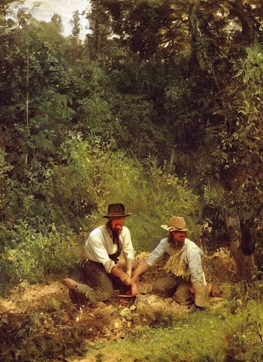 Image similar to artwork painting of a lush environment, a man is digging a grave, by eugene von guerard, ivan shishkin, john singer sargent