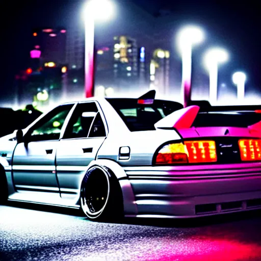 Image similar to a car JZX90 twin turbo drift at illegal car meet, Shibuya prefecture, city midnight mist lights, cinematic lighting, photorealistic, highly detailed wheels, high detail