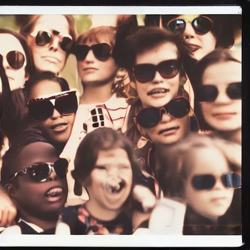 Prompt: grainy portrait polaroid film photograph of a schoolbook where everyone is wearing sunglasses. super resolution. extremely detailed. polaroid 6 0 0 film. by annie leibovitz and richard avedon