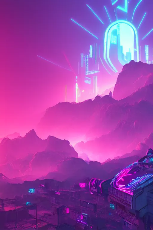 Prompt: cyberpunk syntwave mountains, pink neon lights, futuristic, cgsociety, in the style of artstation