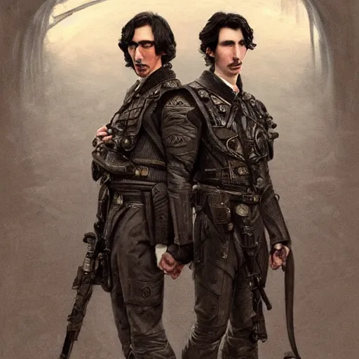 Prompt: a dual portrait of john oliver and adam driver, standing together looking stoic, full body, military uniform, fantasy, intricate, elegant, beautiful, highly detailed, charcoal, centered, dark, smokey, digital painting, artstation, concept art, smooth, sharp focus, illustration, art by artgerm and greg rutkowski and alphonse mucha