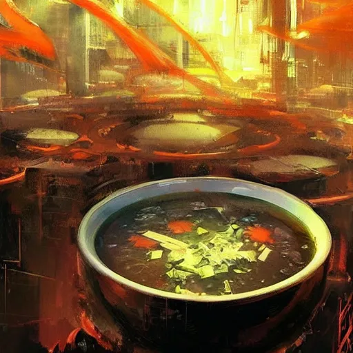 Prompt: a bowl of soup that is portal to another dimension as. in the style of john berkey. trending on artstation and deviantart. digital art.