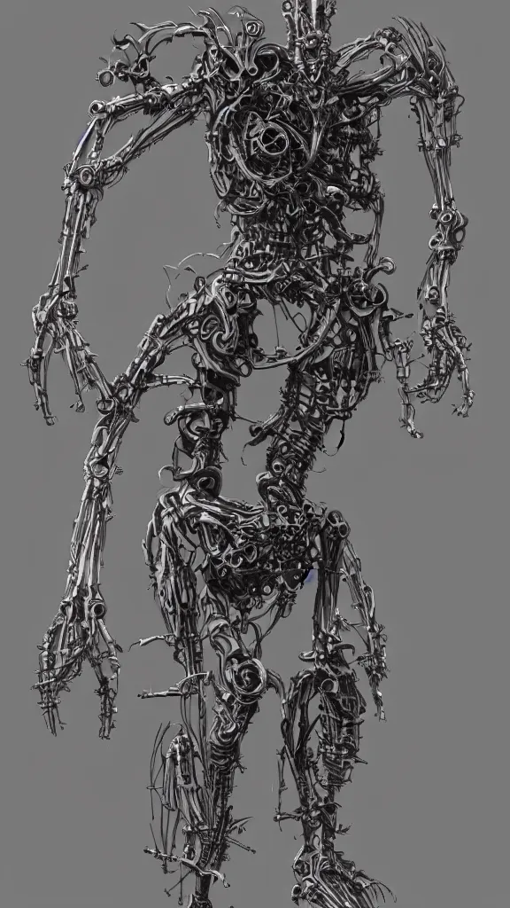 Prompt: highly detailed full body sketch of a biomechanical automaton, grotesque, bizarr, fleshy, digital art, concept art, character art, studio lightning, dark colors, intricate, masterpiece, photorealistic, hiperrealistic, sharp focus, high contrast, Unreal Engine 5