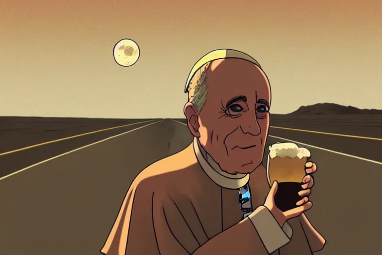 Image similar to a study of a cell shaded cartoon pope holding and drinking a beer on a desert road in front of a big moon, full body, wide shot, very muted colors, post grunge, studio ghibli, laurie greasley, highly detailed, deviantart, art by artgem