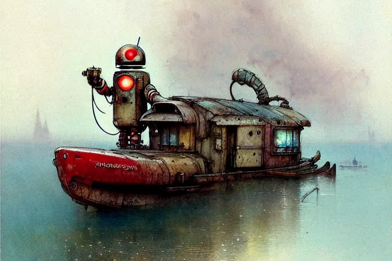 Image similar to adventurer ( ( ( ( ( 1 9 5 0 s retro future robot android mouse house boat tug boat calm stream. muted colors. ) ) ) ) ) by jean baptiste monge!!!!!!!!!!!!!!!!!!!!!!!!! chrome red