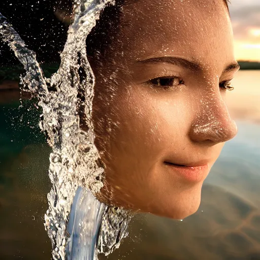 Prompt: water artwork manipulation in the shape of a human head, on the ocean water, ray tracing, realistic water sharp focus, long shot, 8 k resolution, cinematic, amazing water art, hyper - realistic