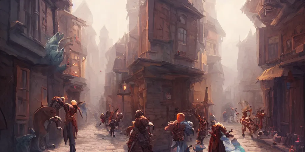 Image similar to an exciting fantasy street battle within a fascinating old city, narrow streets, old buildings, by Sylvain Sarrailh, cinematic, simple but effective composition, clean lines, beautiful digital painting, oil painting, great character design, dungeons and dragons, lord of the rings, close up character, fantasy races