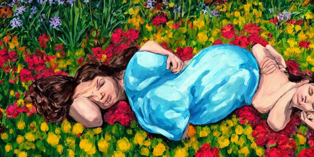 Prompt: painting of woman in fetal position lying down in garden