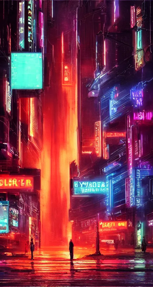 Prompt: hyperrealism oil painting, cyberpunk, city, neon lights, glow, retrowave style, sunset,