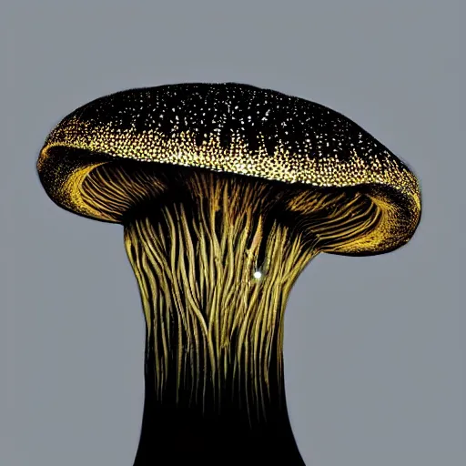 Image similar to beautiful roud mushroom cap is an alien ship, bottom view, luminous lamellae are clearly visible, no stipe, Giger, black background, hyper realism, epic composition