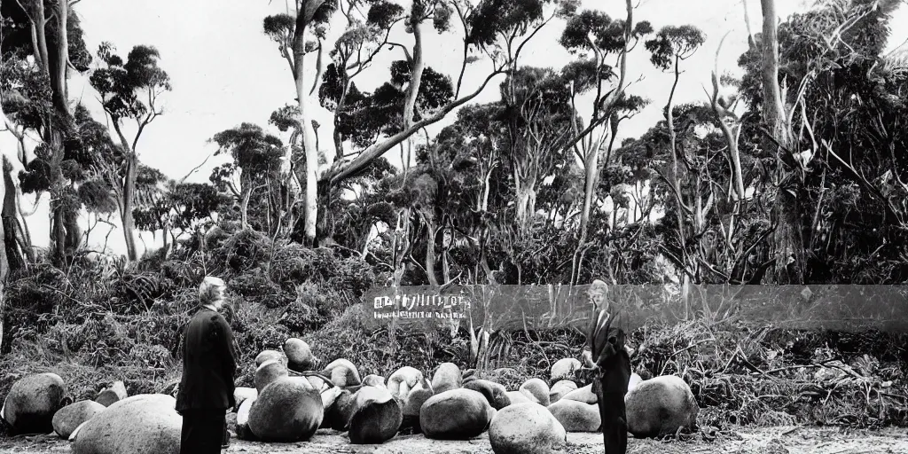 Image similar to david attenborough interviewing men cutting down extremely large kauri trees. great barrier island, new zealand. 1 9 5 0 s tv show. beach with large boulders in background. nikau palms.