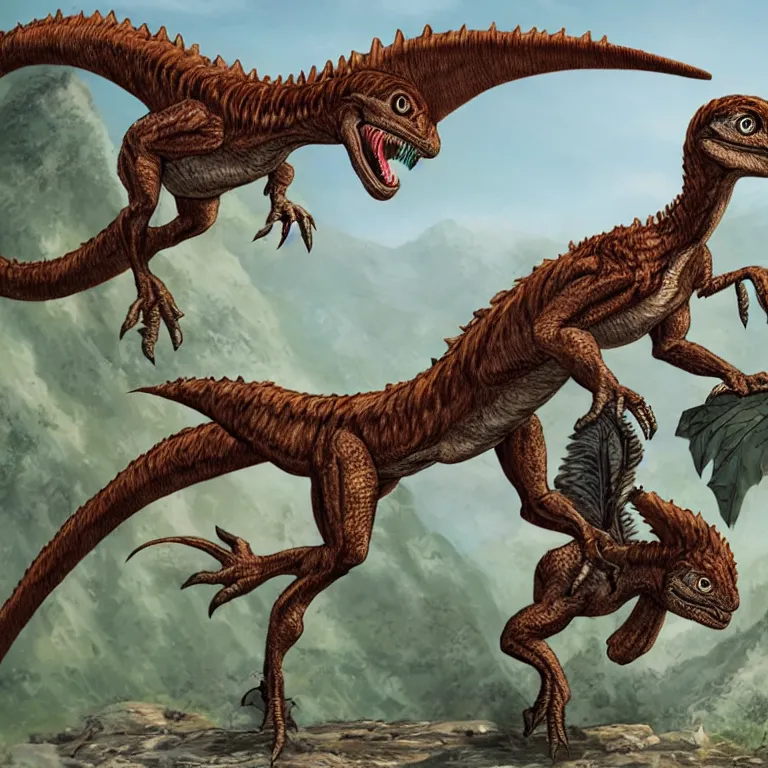 Prompt: a velociraptor jumping on a d & d barabrian