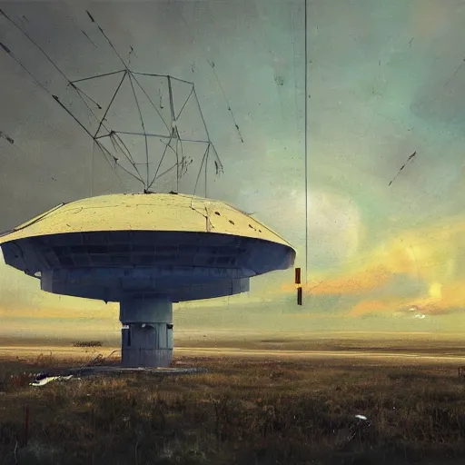 Prompt: abandoned cold war radar installation in a painting from stalenhag, 4 k, 8 k, hdr, art - station