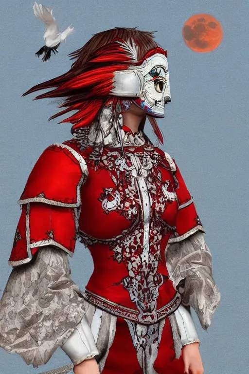 Image similar to female adventurer in tight full - body white embroidered leather armor of vyshyvanka design with red accents and a red porcelain crow mask, trending in artstation, ukrainian, artstation, big moon in the background, establishing shot