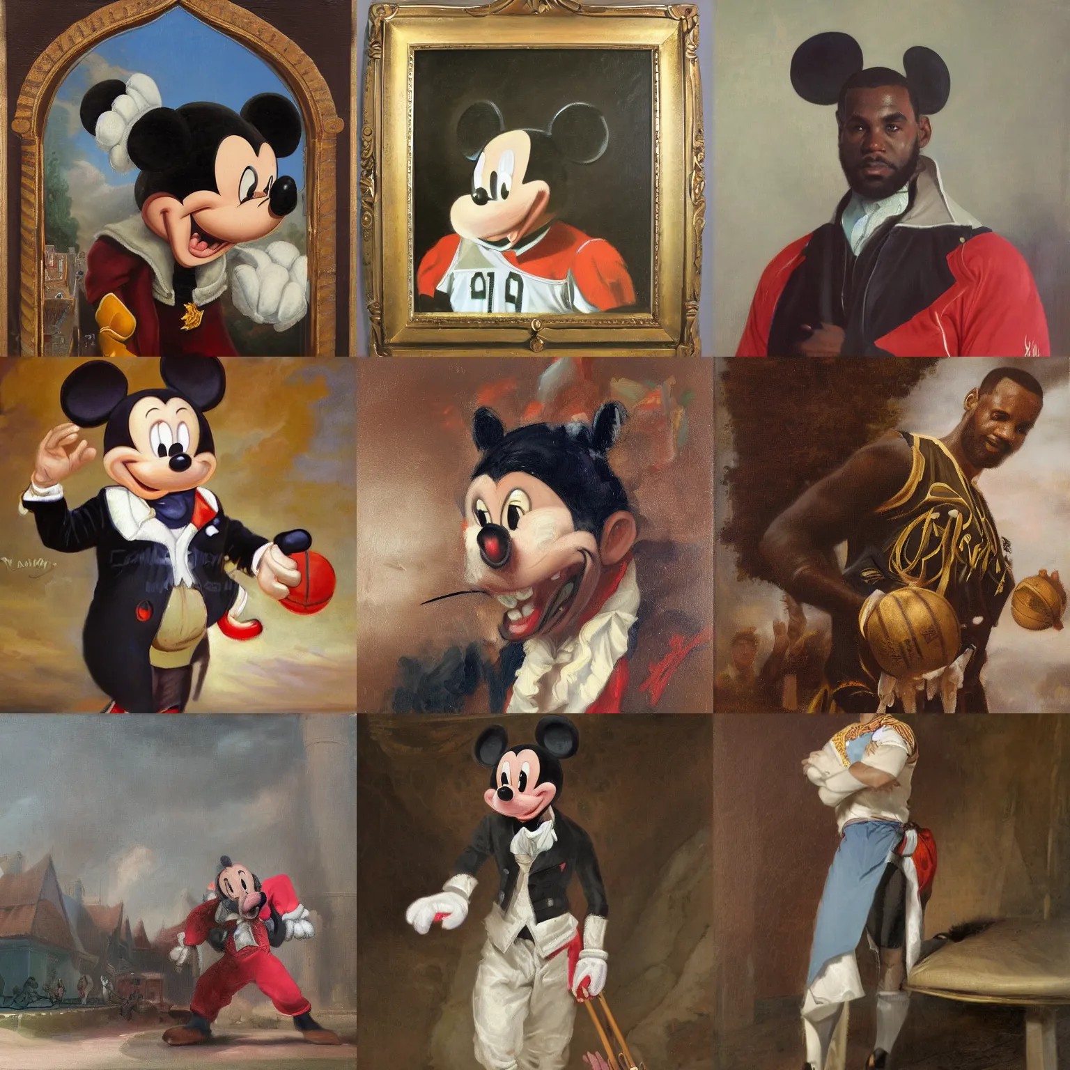 Prompt: portrait of lebron james, bowing before mickey mouse, oil on canvas by william sidney mount - 1 7 9 2, trending on artstation