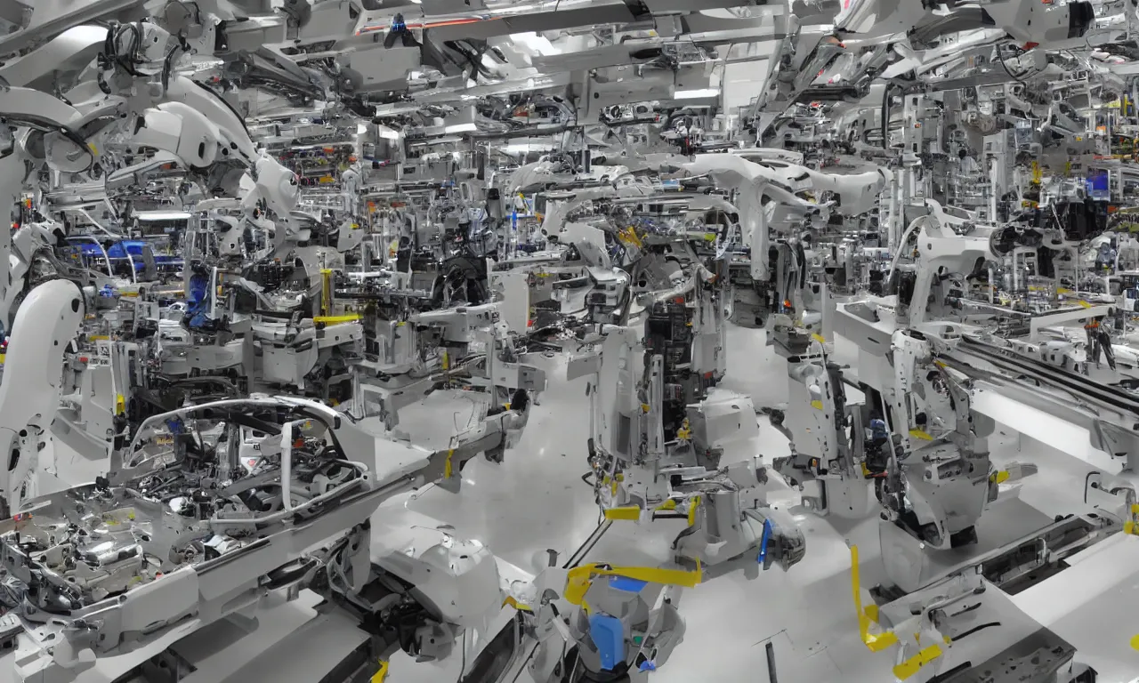 Prompt: automated car assembly line with robotic arms, straight camera view, low angle camera view