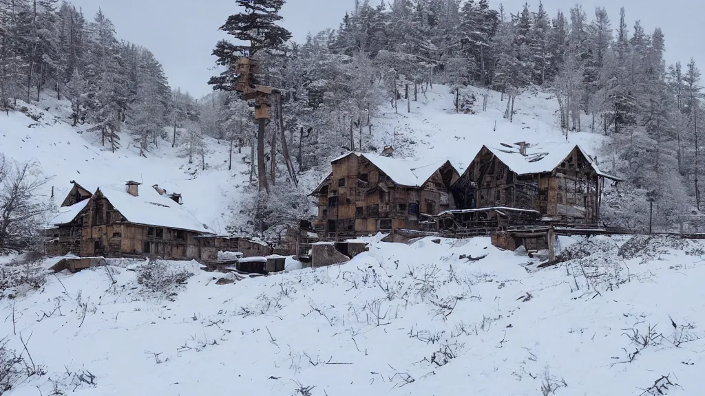 Prompt: beautiful Nier Automata landscape at an abandonned ski station, near a chairlift, winter