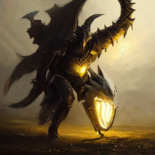 Prompt: anthropomorphic knight warrior wearing black and gold plate armor fighting a cyberdragon, oil painting, Tooth Wu, Greg Rutkowski, RPG, dynamic lighting, fantasy art, High contrast, depth of field, landscape, scenery