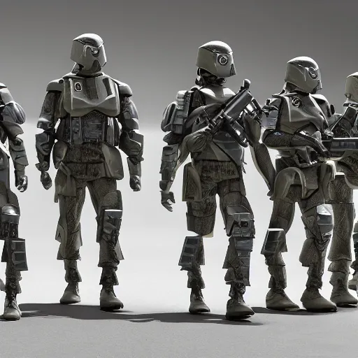 Image similar to a squad of futuristic soldiers in an armory