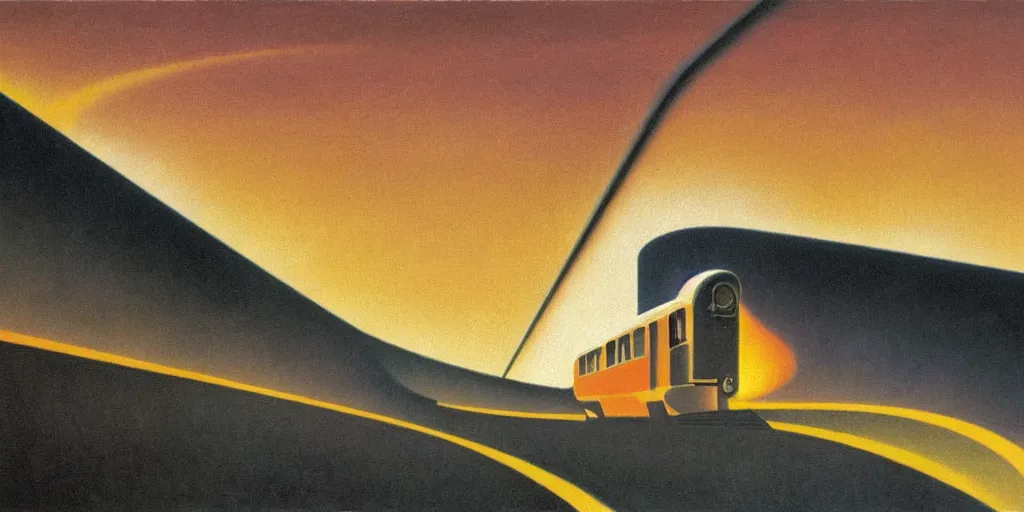 Prompt: oil painting of streamline train speeding. futurism. romanticism. extreme speed with headlight shining into the fog. dramatic lighting. thomas hart benton and magritte.