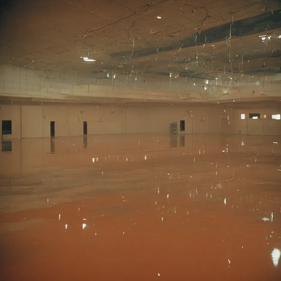 Image similar to 7 0 s movie still of an empty soviet ballroom flooded with hand, cinestill 8 0 0 t 3 5 mm, heavy grain, high quality, high detail