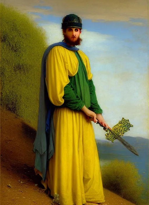 Prompt: beautiful ominous portrait of a male maid with green cloak is holding golden knife by edmund blair leighton, pale blue and pale yellow colors, Oriental, Desert, Lake