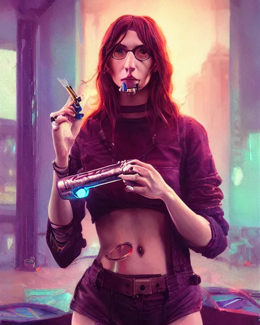 Image similar to portrait of a brunette cyberpunk hippie smoking a tobacco pipe | highly detailed | very intricate | symmetrical | professional model | cinematic lighting | award - winning | painted by mandy jurgens | pan futurism, dystopian, bold colors, cyberpunk, anime aesthestic | featured on artstation