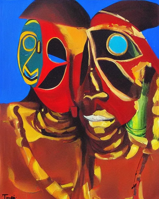 Prompt: Burkina Faso masquerade, painting by Toni Toscani, oil on canvas