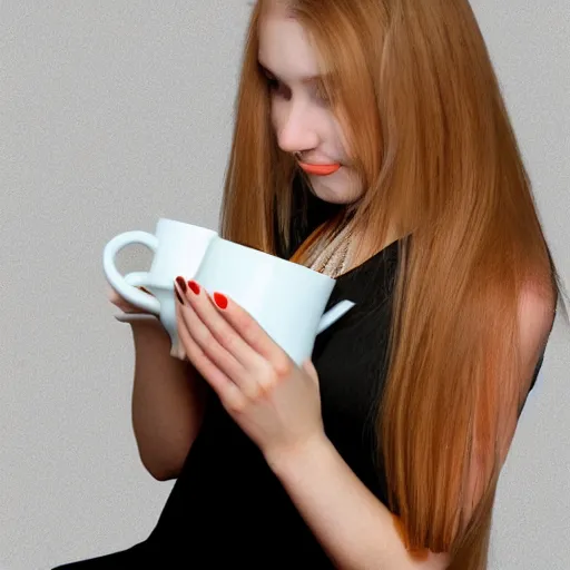 Prompt: russian girl with long blond hair sitting at a keyboard holding a cup of tea, beautiful, hyper realistic