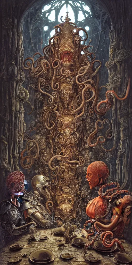 Image similar to mages with human bodies and magical armour with octopus heads sitting near the table in an ancient mage castle with enormous scale, gothic and baroque, brutalist architecture, ultradetailed, Intricate by James Jean and Josan Gonzalez and John Howe and Giuseppe Arcimboldo