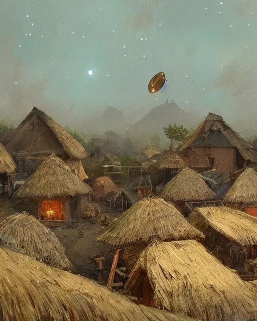 Prompt: Painting by Greg Rutkowski, a big ceramic jug with a gold ornament flies high in the dark night sky above a small village with built-up huts under thatched roofs