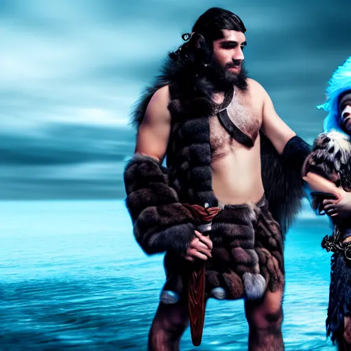 Prompt: a male DND barbarian wearing fur coat holding a small blue-skinned Triton girl with black hair, high resolution film still, 4k, HDR colors