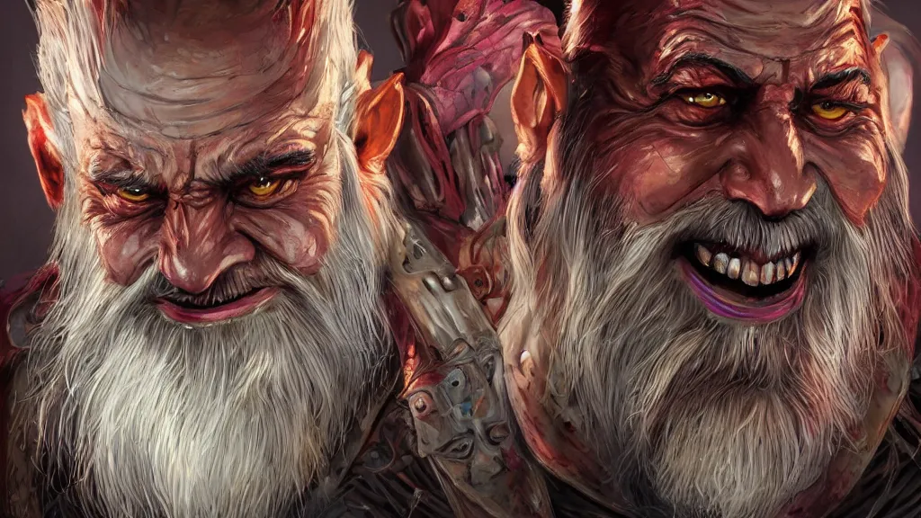 Prompt: bright, colorful, realistic, detailed from Elder Scrolls: Shivering isles concept art of The Mad God Sheogorath with a madsmile, combed white short beard and slicked back white hair backlighting, kodachrome, high contrast, highly detailed, sharp focus, digital painting, concept art, illustration, trending on artstation, comic book by Alex Ross and Adam Adamowicz cover art