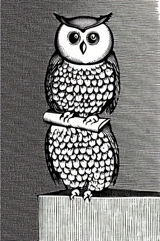 Prompt: owl perched on a stack of books, art by albrecht durer, woodblock print, black and white, vector, vector art