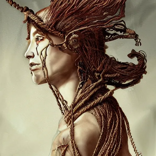 Image similar to portrait of a Shibari rope wrapped face and neck, headshot, insanely nice professional hair style, dramatic hair color, digital painting, of a old 15th century, old cyborg merchant, amber jewels, baroque, ornate clothing, scifi, realistic, hyperdetailed, chiaroscuro, concept art, art by Franz Hals and Jon Foster and Ayami Kojima and Amano and Karol Bak,