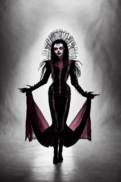 Image similar to dressed anya taylor - joy, a sinister demonic queen of cenobites, symmetrical, cinematic, elegant, demonic atmosphere, professional studio light, real dlsr photography, sharp focus, costume made by clive barker, real rotten flesh and blood, 4 k, ultra hd, sense of awe