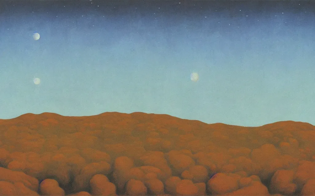 Prompt: mars landscape, detailed painting by rene magritte