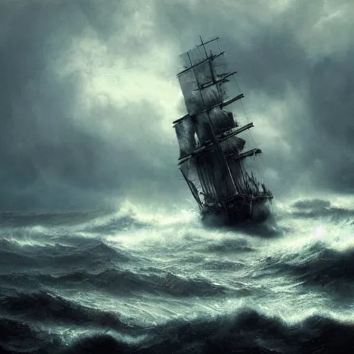 Image similar to Pirate ship with black sails in a stormy ocean with huge waves, cloudy dark sky, rays of god, by greg rutkowski, detailed, cinematic, intricate, epic