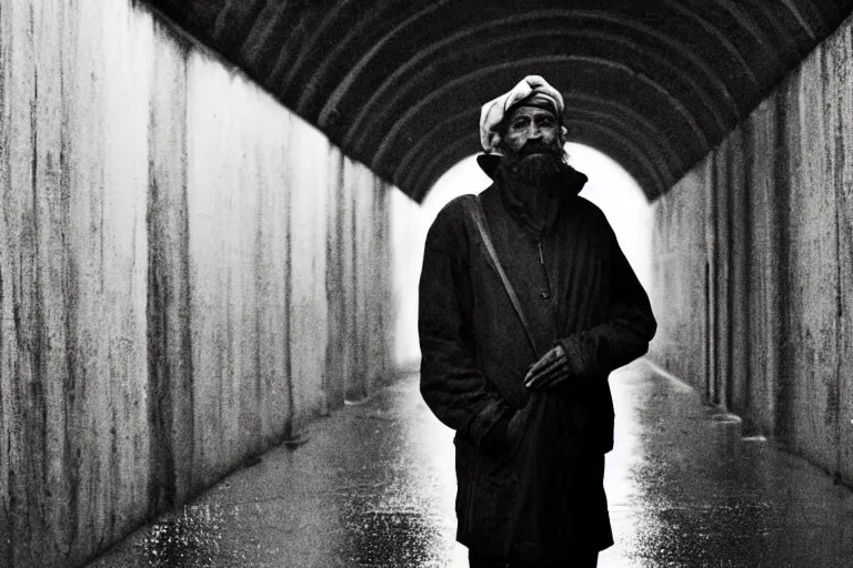 Image similar to a cinematic!! headshot photograph!! of a beautiful homeless war veteran, stood in a tunnel, rain, film still, cinematic, dramatic lighting, by bill henson