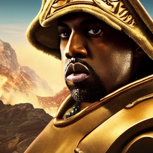 Image similar to Kanye West as Emperor Napoleon in Fallout New Vegas, splash art, movie still, cinematic lighting, dramatic, octane render, long lens, shallow depth of field, bokeh, anamorphic lens flare, 8k, hyper detailed, 35mm film grain