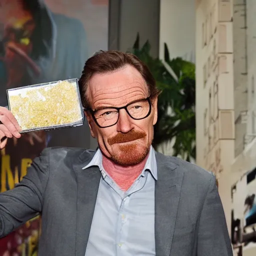 Image similar to bryan cranston holding a bag of meth inspired by Rene Laloux Dan Mumford