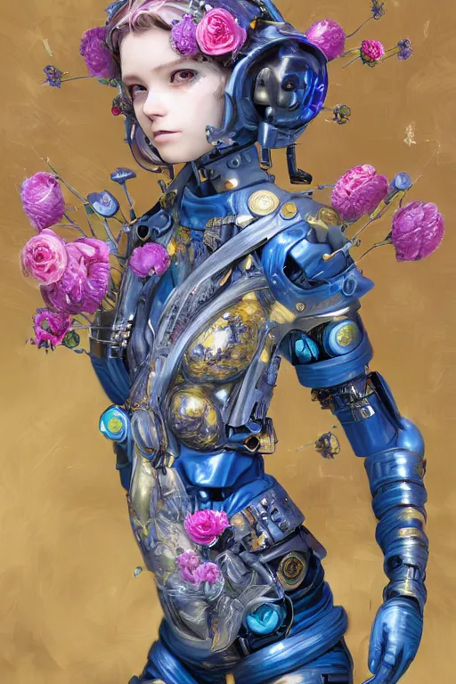 Image similar to full body head to toe portrait of a flowerpunk sci-fi cyborg ninja, third person, D&D, sci-fi fantasy, intricate, blue and gold, daisy and rose and peony, highly detailed, art by Range Murata, highly detailed, 3d, octane render, bright colors, digital painting, trending on artstation, sharp focus, illustration style of Stanley Artgerm, dramatic background